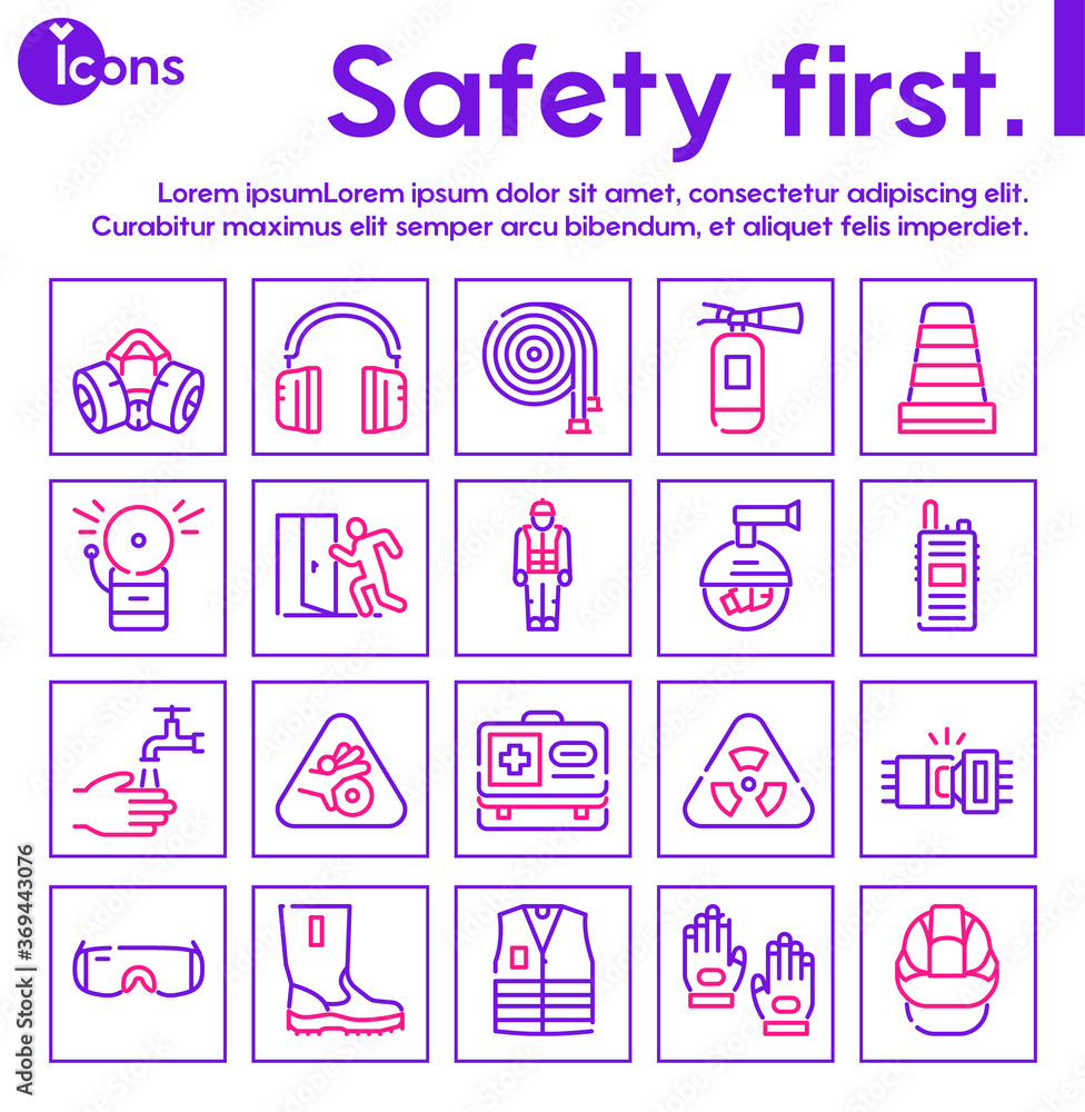 Vector color line icon set of safety tools