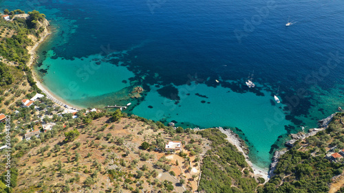 Aerial drone photo of famous turquoise beach of Mourtias in island of Alonissos  Sporades  Greece