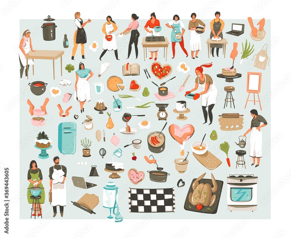 Hand drawn vector abstract cartoon cooking class illustrations icons collection set with cooking chef people characters mans,womans and cooking utensils and food isolated on white background