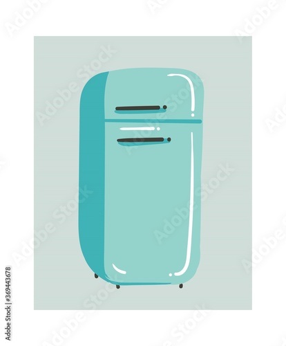 Hand drawn vector abstract modern cartoon cooking time kitchen interior illustrations icon with retro vintage blue closed refrigerator isolated on white background.Food cooking concept design