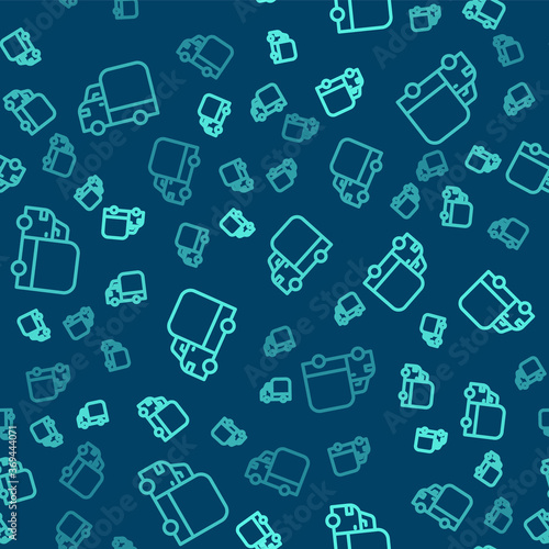 Green line Delivery cargo truck vehicle icon isolated seamless pattern on blue background. Vector.