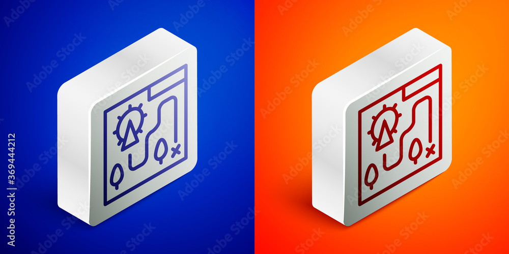 Isometric line Amusement park map icon isolated on blue and orange background. Entertainment in vacation. Silver square button. Vector. Isometric line Amusement park map icon isolated on blue and orange background. Entertainment in vacation. Silver square button. Vector.