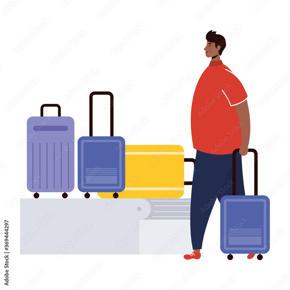 afro young man with suitcases in transport band afro young man with suitcases in transport band