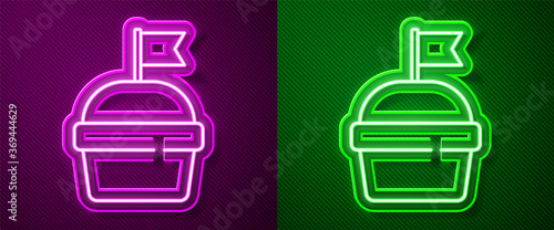 Glowing neon line Cake icon isolated on purple and green background. Happy Birthday. Vector.