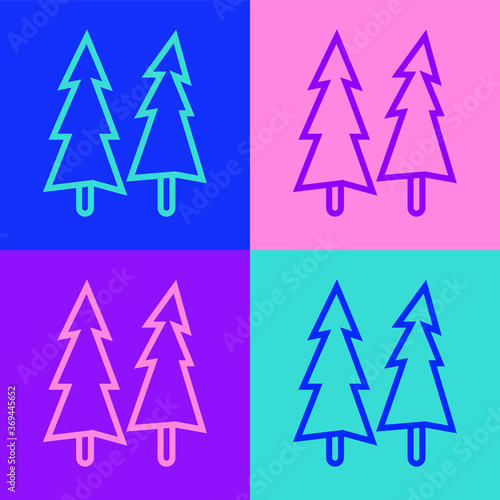 Pop art line Christmas tree icon isolated on color background. Merry Christmas and Happy New Year. Vector.