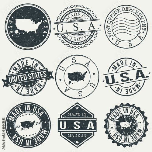 United States of America Set of Stamps. Travel Stamp. Made In Product. Design Seals Old Style Insignia.