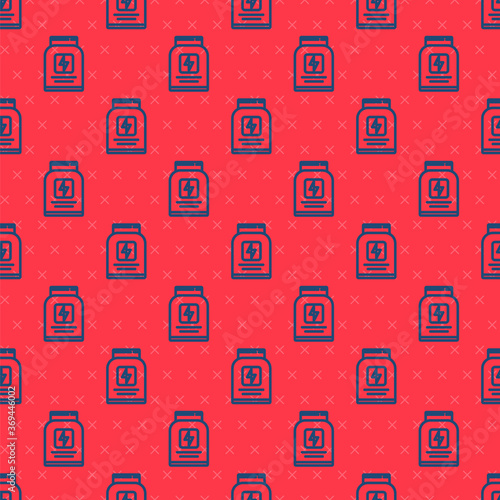 Blue line Sports nutrition bodybuilding proteine power drink and food icon isolated seamless pattern on red background. Vector.
