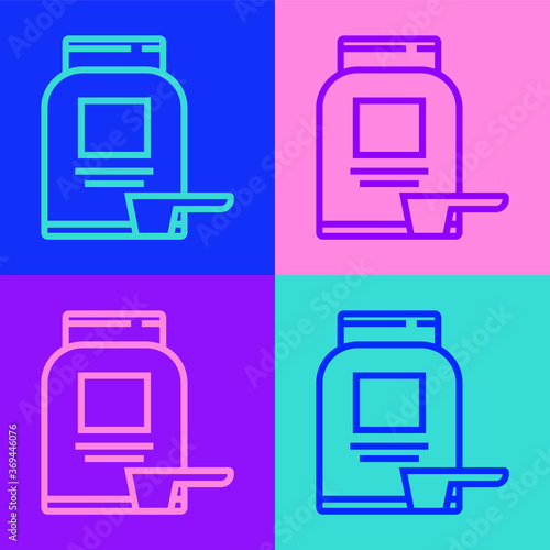 Pop art line Sports nutrition bodybuilding proteine power drink and food icon isolated on color background. Vector.