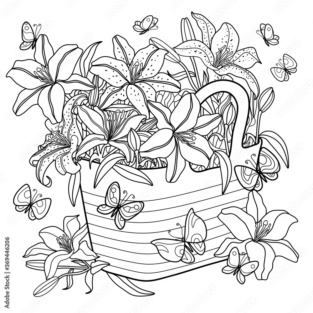 Fototapeta premium Flower coloring page for adults and children. Lilies in a basket. Butterflies fly