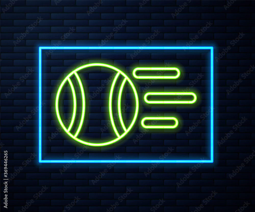 Glowing neon line Tennis ball icon isolated on brick wall background. Sport equipment. Vector. Glowing neon line Tennis ball icon isolated on brick wall background. Sport equipment. Vector.