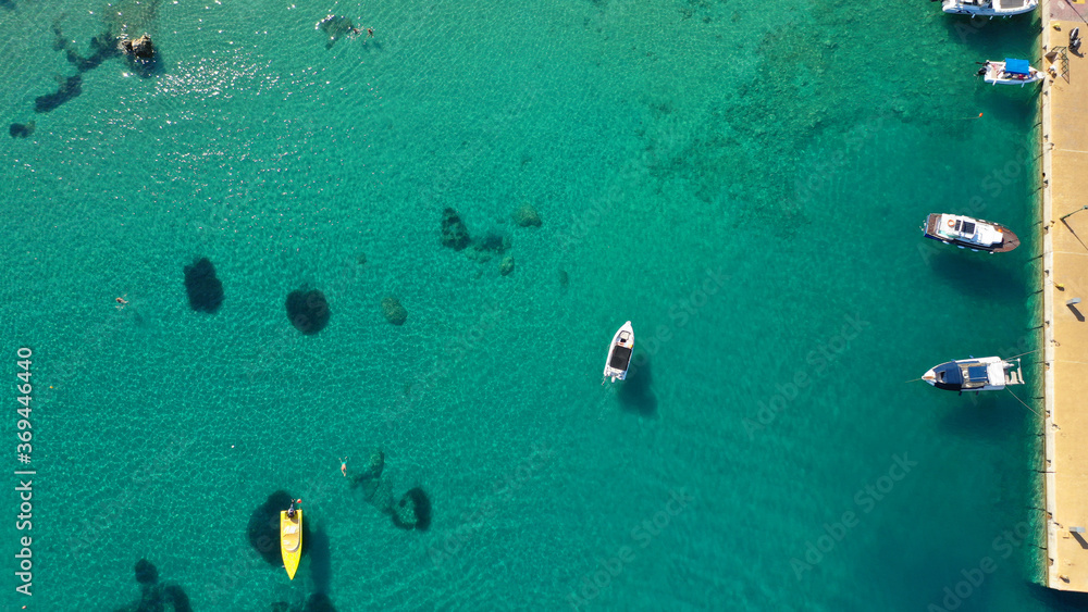 Fototapeta premium Aerial drone photo of Patitiri, main port and beach of Alonissos island, Sporades, Greece