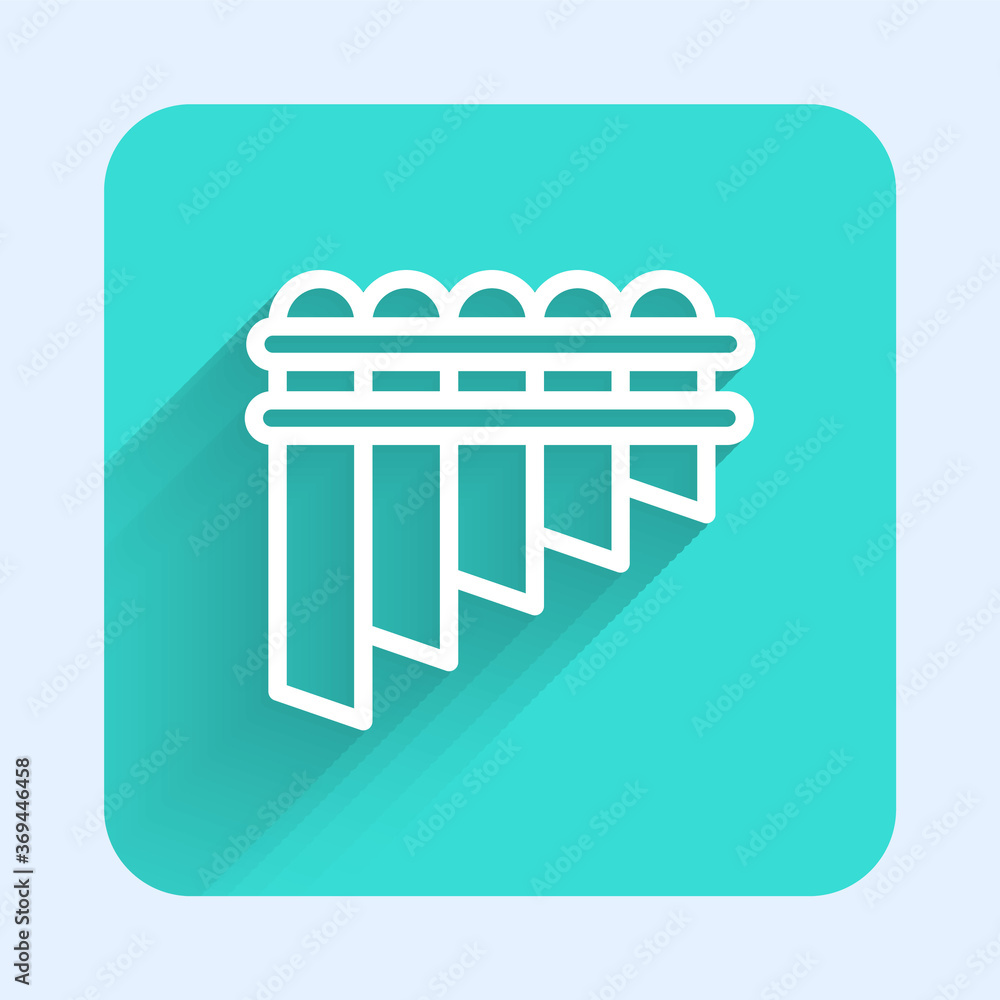 White line Pan flute icon isolated with long shadow. Traditional peruvian musical instrument. Zampona. Folk instrument from Peru, Bolivia and Mexico. Green square button. Vector. White line Pan flute icon isolated with long shadow. Traditional peruvian musical instrument. Zampona. Folk instrument from Peru, Bolivia and Mexico. Green square button. Vector.