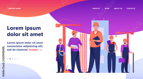 Construction team working on site. Builders, engineers, architects in helmets and overalls holding blueprints, toolkits, measuring tools. Vector illustration for building, engineering, labor