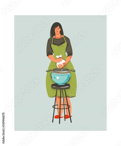 Hand drawn vector abstract modern cartoon cooking time illustrations icon with cooking chef woman in green apron preparing food isolated on white background.Food cooking illustrations concept design