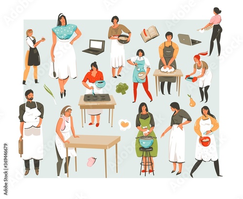 Hand drawn vector abstract cartoon cooking class illustrations icons collection set with cooking people character mans and womans isolated on white background.Food cooking concept illustration design