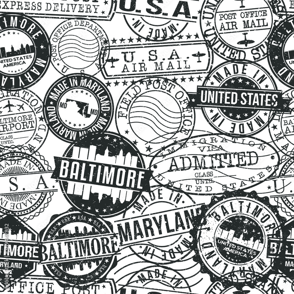 Baltimore Maryland Stamps. City Stamp Vector Art. Postal Passport Travel. Design Set Pattern.