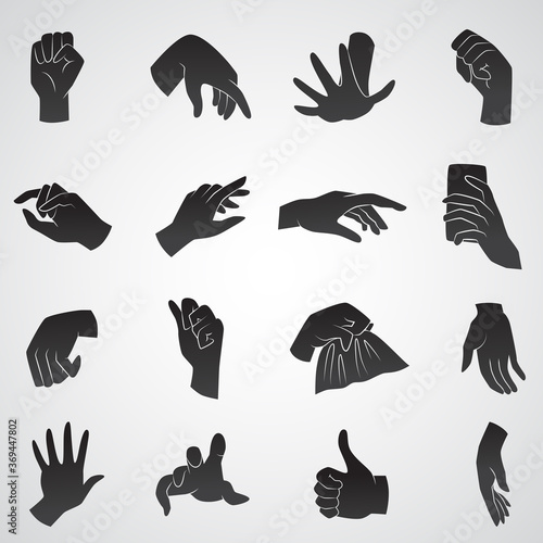 Hands of human in gestures -  vector icon set.