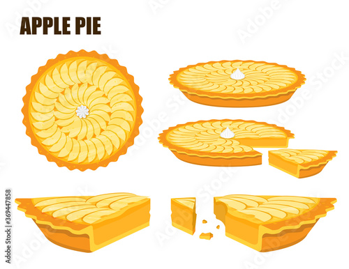 Illustration vector flat cartoon isolated apple pie on white background top view and side view for server on table at bakery shop
