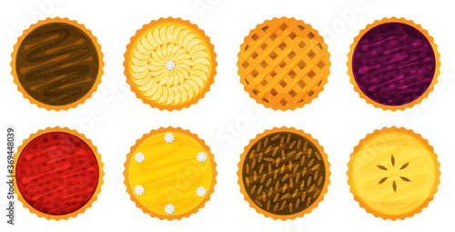 Illustration vector flat cartoon isolated on white background of whole of pie set. Piece of Apple,pecan,pumpkin,blueberry,cherry pie for plate on table on eating dessert concept