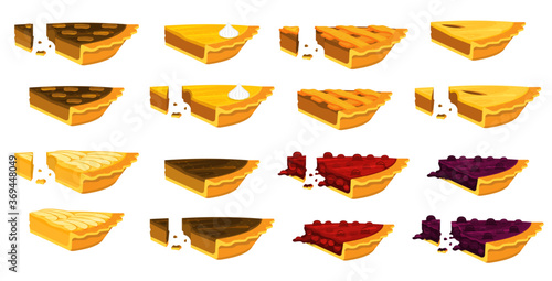 Illustration vector flat cartoon isolated on white background of piece of pie set. Piece of Apple,pecan,pumpkin,blueberry,cherry pie for plate on table on eating dessert concept