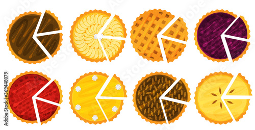 Illustration vector flat cartoon isolated on white background of whole of pie set. Piece of Apple,pecan,pumpkin,blueberry,cherry pie for plate on table on eating dessert concept