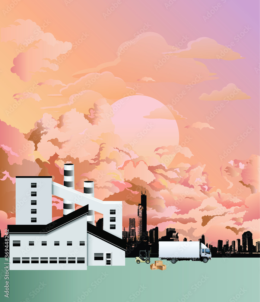 Modern factory building with generic silhouetted city skyline set against dawn or dusk cloudy sky