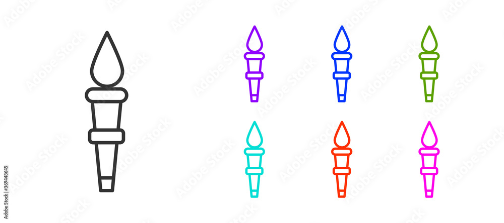 Black line Torch flame icon isolated on white background. Symbol fire hot, flame power, flaming and heat. Set icons colorful. Vector. Black line Torch flame icon isolated on white background. Symbol fire hot, flame power, flaming and heat. Set icons colorful. Vector.