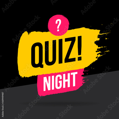 Quiz Night time icon, emblem, logo in brush stroke style. Vector flat illustration. Pink and black element design with question button for brain game and online quiz