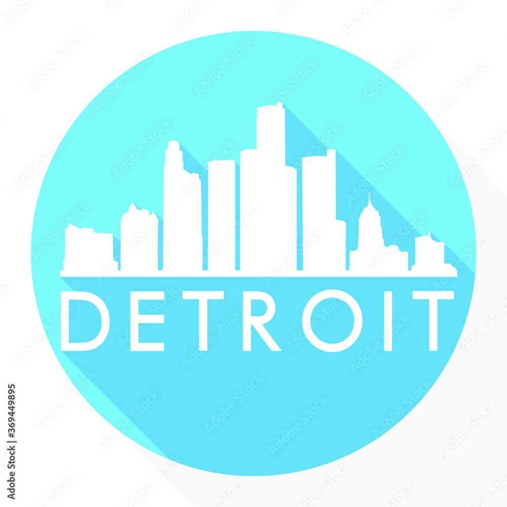 Detroit Skyline Button Icon Round Flat Vector Art Design Color Background.