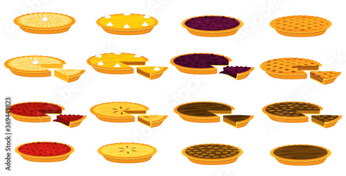 Illustration vector flat cartoon isolated on white background of piece of pie set. Piece of Apple,pecan,pumpkin,blueberry,cherry pie for plate on table on eating dessert concept