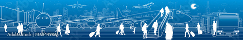 Airport panorama. The plane is on the runway. Aviation transportation infrastructure scene. Airplane fly, Passengers board the plane of bus. Night city at background, vector design art photo