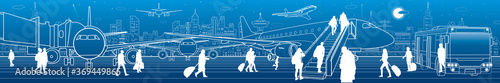 Airport panorama. The plane is on the runway. Aviation transportation infrastructure scene. Airplane fly, Passengers board the plane of bus. Night city at background, vector design art