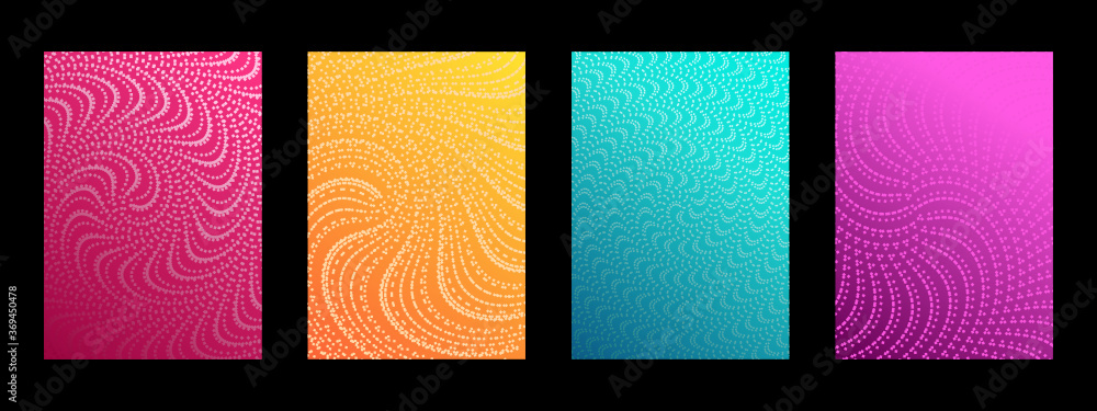 Set of four abstract Spiral Dotted stroke lines. Vector illustrations background. Spiral wave rhythm line dynamic. Modern pattern for funny brochure cover template design.