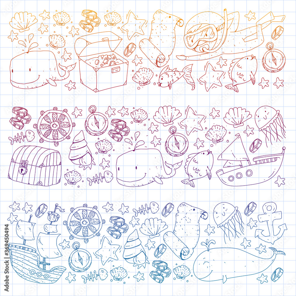 Vector icons of sea ocean adventure for little children. Nautical pattern for kids. Whale, pirates, pirate map, treasure chest, diving and fishes. Vector icons of sea ocean adventure for little children. Nautical pattern for kids. Whale, pirates, pirate map, treasure chest, diving and fishes.