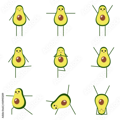 Avocado yoga. Cute avocado in different yoga poses. Vector illustration isolated on white background.