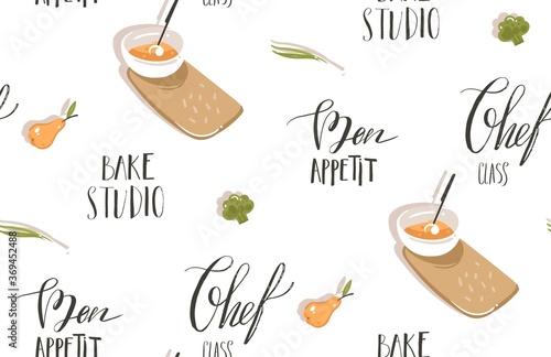 Hand drawn vector abstract modern cartoon cooking time illustrations icons seamless pattern with vegetables,cream soup plates and modern handwritten calligraphy quotes isolated on white background