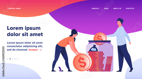 Family couple saving money. Man and woman inserting cash into glass jar. Vector illustration for finance, deposit, economy, investment, banking, concept