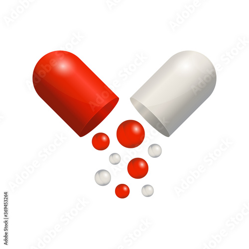 Capsule icon 3d realistic, red pill isolated on white background. Colored small balls falling of open medical capsule. Vector illustration