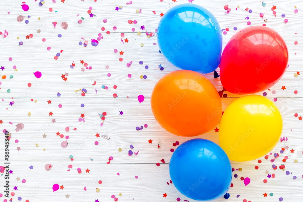 Flat lay with ballons - party concept - on white background top-down copy space Flat lay with ballons - party concept - on white background top-down copy space