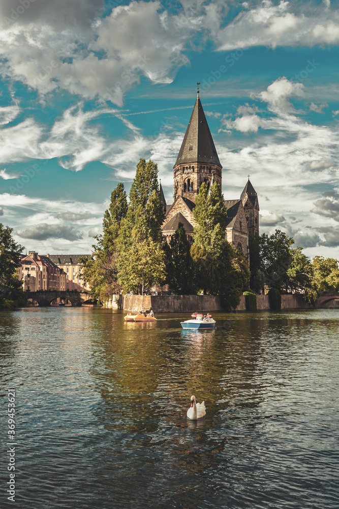 View of Metz with Temple Neuf at the Moselle River, Lorraine, France