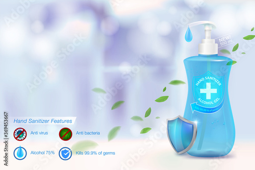 Hand sanitizing alcohol gel 75% alcohol components, kill up to 99.99% of covid-19 viruses, viruses and all germs. On a blurred blue background Packed in a clear plastic bottle.Advertising media.
