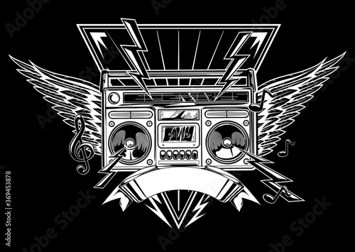 Winged boom box black and white music emblem