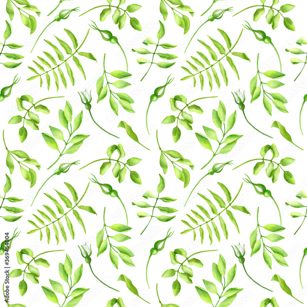 Watercolor green leaves seamless pattern. Hand drawn herbs, twigs and flower buds isolated on white yellow background. Elegant texture for wallpaper, cards, decoration, wrapping paper, textile, print. Watercolor green leaves seamless pattern. Hand drawn herbs, twigs and flower buds isolated on white yellow background. Elegant texture for wallpaper, cards, decoration, wrapping paper, textile, print.