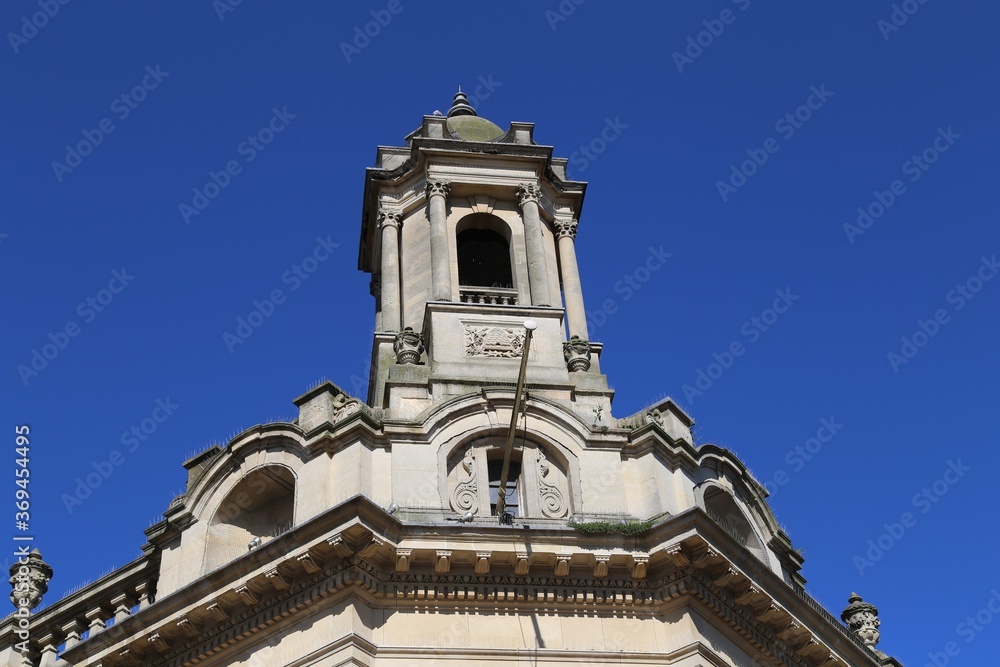 Closeup detail of architectural features on a Victorian building in Cheltenham, England.