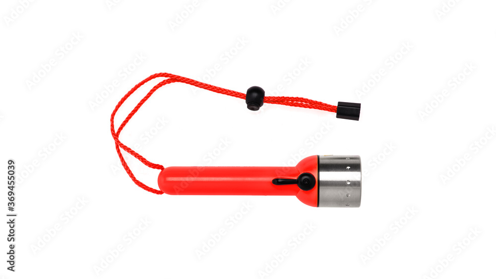 Flashlight for diving isolate on a white back. Waterproof bright colored flashlight. Flashlight for diving isolate on a white back. Waterproof bright colored flashlight.