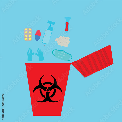 Do not Reuse.Medical waste bin.Biohazard trash garbage.Hazardous pollution.Coronavirus (covid-19) pandemic.Rubbish from clinics and hospitals may contain viruses.