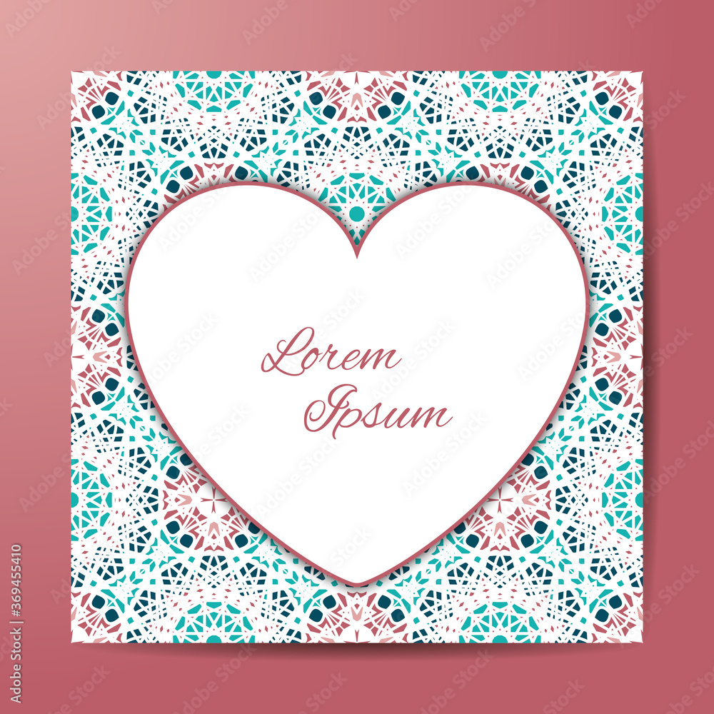 Vector card or Invitation with Heart. Openwork filigree template for Wedding, Bridal, Valentine's day, greeting cards or Birthday Invitations. Abstract pattern, heart. Isolated on a pink background.