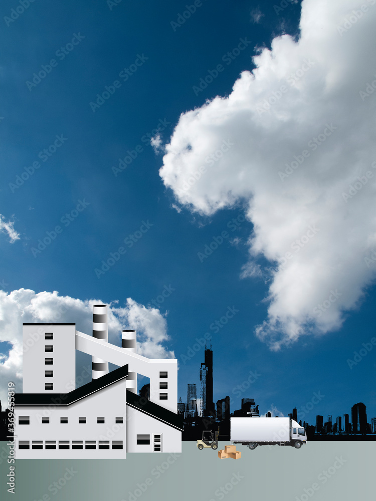 Modern factory building with generic silhouetted city skyline set against a blue cloudy sky