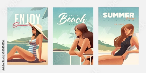 Set of posters with girl relaxing on the beach. Summer vacation posters or flyer design template with sexy females on the beach. Party invitation. Modern style. Vector illustration