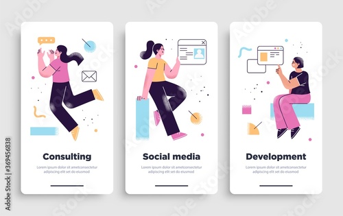 Poster, flyer or mobile application design templates. Business concept illustrations. Modern flat outline style